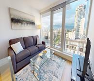 Pendrell - Vancouver monthly rental apartment open concept living room with city view - Premiere Suites