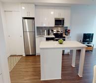 Westboro Connection 2 - Ottawa short-term rental apartment kitchen with white cabinets and stainless steel appliances - Premiere Suites